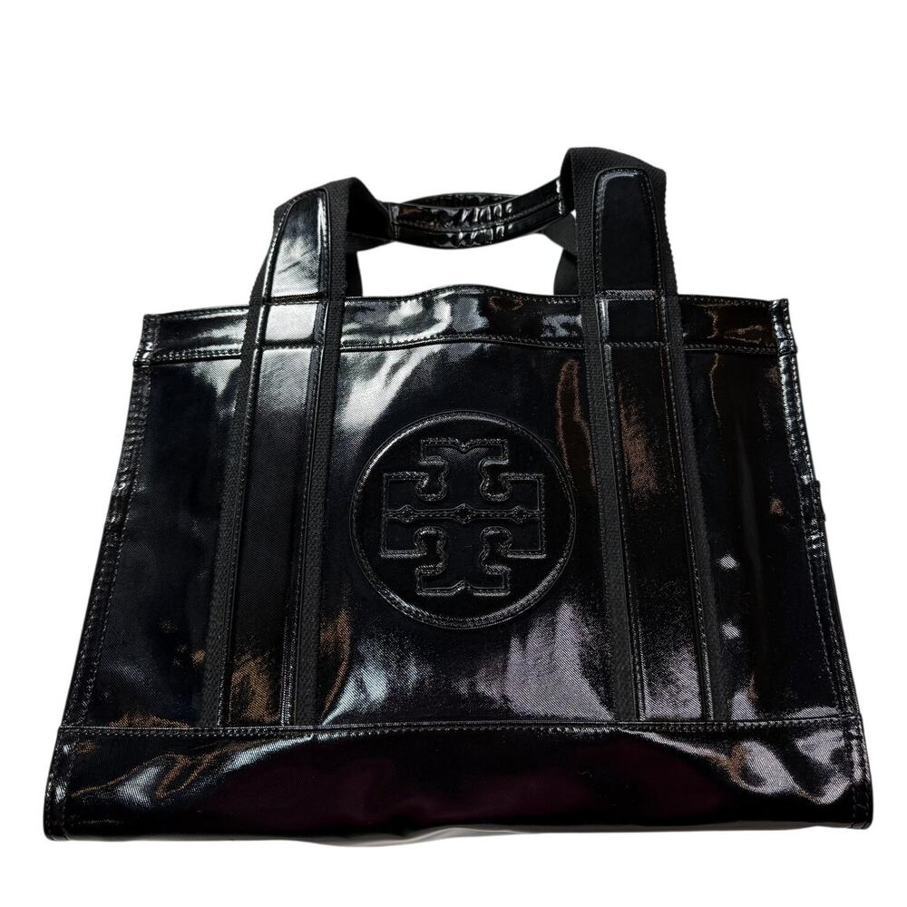 Tory Burch Patent Nylon Tote Bag Big Logo Black